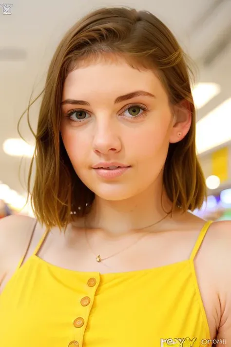 raw photo of a naturally beautiful young (blonde) woman, pale, ((in a cute yellow sundress)), in the grocery store, shopping for milk, (extreme close up), (shy), why are you here?, [happy to see you], (caught off guard), beautiful, 8k uhd, fujifilm xt3