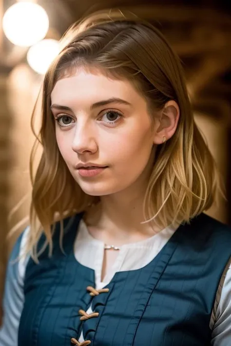 raw photo of a naturally beautiful young (blonde) peasant woman, cinematic blue lighting, pale, ((in a medieval peasants dress)), night photography, in a dark village square, close up, [happy to see you], (caught off guard), beautiful, 8k uhd, fujifilm xt3