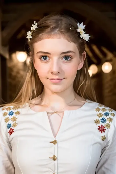 raw photo of a naturally beautiful young (blonde) peasant woman, pale, ((in a medieval peasants dress)), night photography, in a dark village square, close up, [happy to see you], (caught off guard), beautiful, 8k uhd, fujifilm xt3