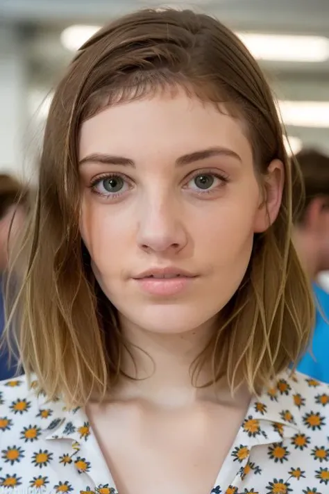 raw photo of a naturally beautiful young blonde woman, pale, in a graphic shirt, at the crowded star wars convention, (people in the background), ((extreme close up)), stunned to see you here too, beautiful, 8k uhd, fujifilm xt3