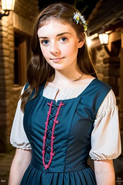 raw photo of a naturally beautiful young (blonde) peasant woman, pale, ((in a medieval peasants dress)), night photography, in a dark village square, close up, [happy to see you], (caught off guard), beautiful, 8k uhd, fujifilm xt3