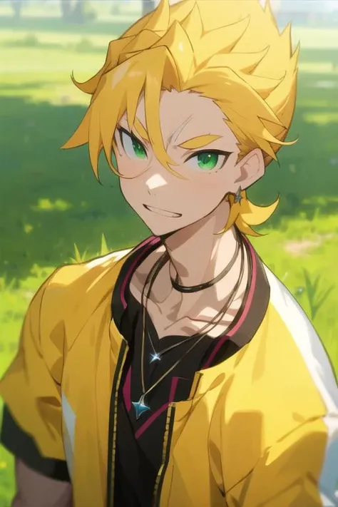 masterpiece, best quality, , 1boy, solo, male focus, looking at viewer, upper body, , <lora:garfiel_tinsel:0.66>, garfiel_tinsel, blonde hair, green eyes, jewelry, necklace, track suit