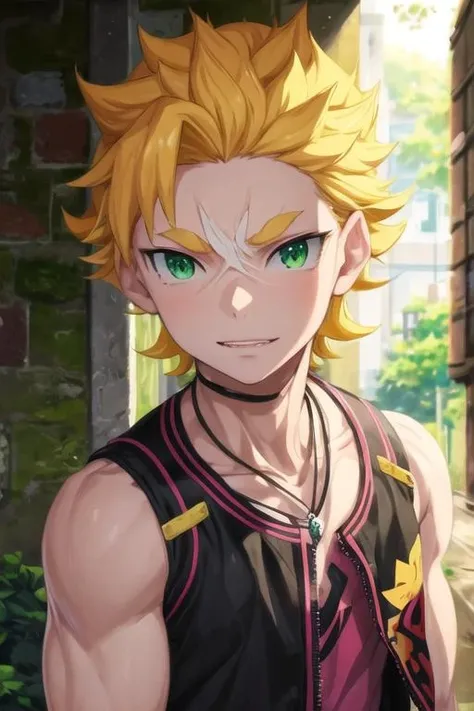 masterpiece, best quality, illustration, 1boy, solo, male focus, looking at viewer, , , <lora:garfiel_tinsel:0.66>, garfiel_tinsel, blonde hair, green eyes, , gakuran