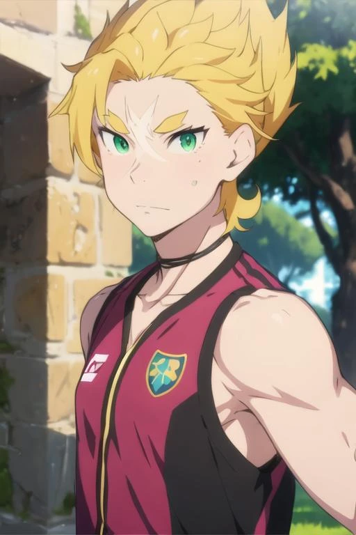 masterpiece, best quality, , 1boy, solo, male focus, looking at viewer, upper body, , <lora:garfiel_tinsel:0.74>, garfiel_tinsel, blonde hair, green eyes, , sportswear