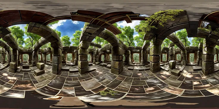 360 degree panoramic view ancient ruins in a dark forest open sky stone floor (masterpiece:1.5) (painting:1.1) (weighted lines) (best quality) (detailed) (intricate) (8k) (HDR) (wallpaper) (cinematic lighting) (sharp focus) <lora:latentlabs360_v01:1>