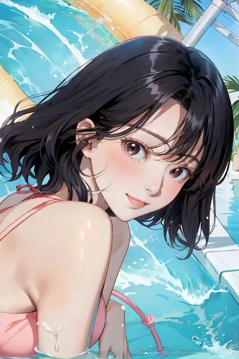 (masterpiece:1.1), best quality, vivid, Sweet girl portrait, 
1girl, solo, small earrings, bangs, medium hair, rose, nail polish, peach nails, medium breast, sexual appeal, High contrast, full body, black hair, medium hair, looking at viewer, cleavage, smirk, <lora:background_waterpark-10:0.8>, waterpark, <lora:plungeswimsuit:0.8>, red plunge swimsuit, blush, hair tubes, <lora:JPGirlEatIceCreamMix1:0.8>, <lora:makina69_tzuyu_v1.0:0.8>, sitting on a water slide,