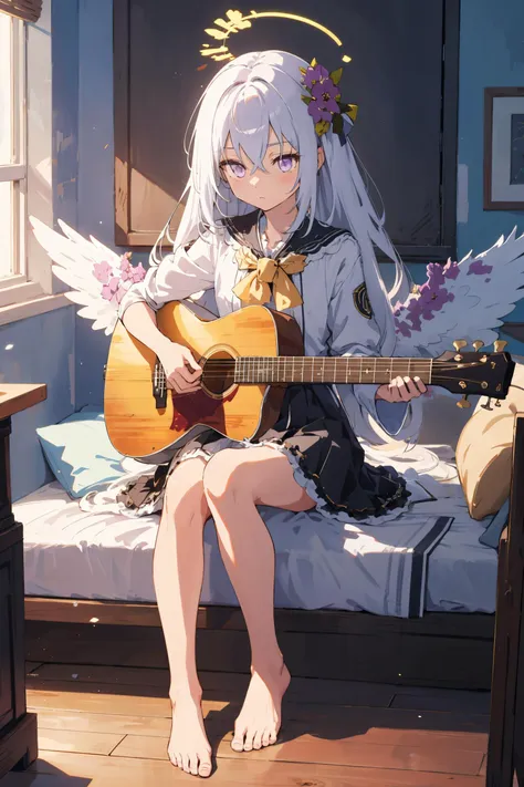 <lora:azusa2-000004:0.8> azusadef, halo, wings, wooden guitar, crossed legs, playing instrument, indoors, sitting, barefoot, wind, masterpiece, best quality, highres, <lora:GoodHands-vanilla:1> nice hands, perfect hands