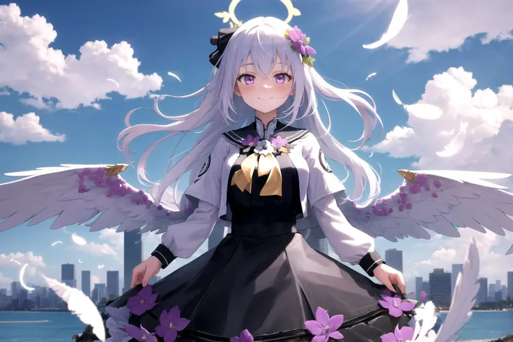 <lora:azusa2:0.8> azusadef, halo, cityscape, floating, smile, feathers, masterpiece, best quality, highres, <lora:GoodHands-vanilla:1> nice hands, perfect hands