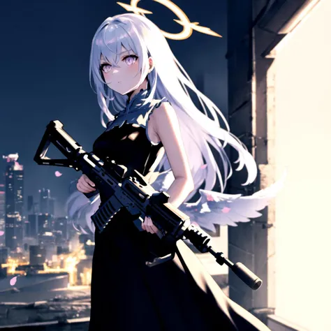 <lora:azusa2:0.8> azusadress, halo, cityscape, <lora:BetterGuns-V1:1> gun, white assault rifles, backlighting, masterpiece, best quality, highres, <lora:GoodHands-vanilla:1> nice hands, perfect hands
