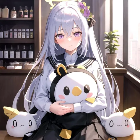 <lora:azusa2:0.8> azusadef, halo, shop, indoors, doll, peroro \(blue archive\), sitting, coffee, masterpiece, best quality, highres, <lora:GoodHands-vanilla:1> nice hands, perfect hands