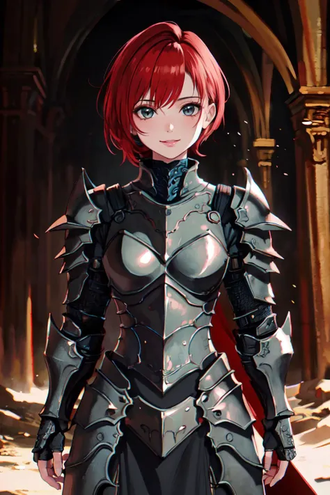 redhead girl with short hair in metal armor