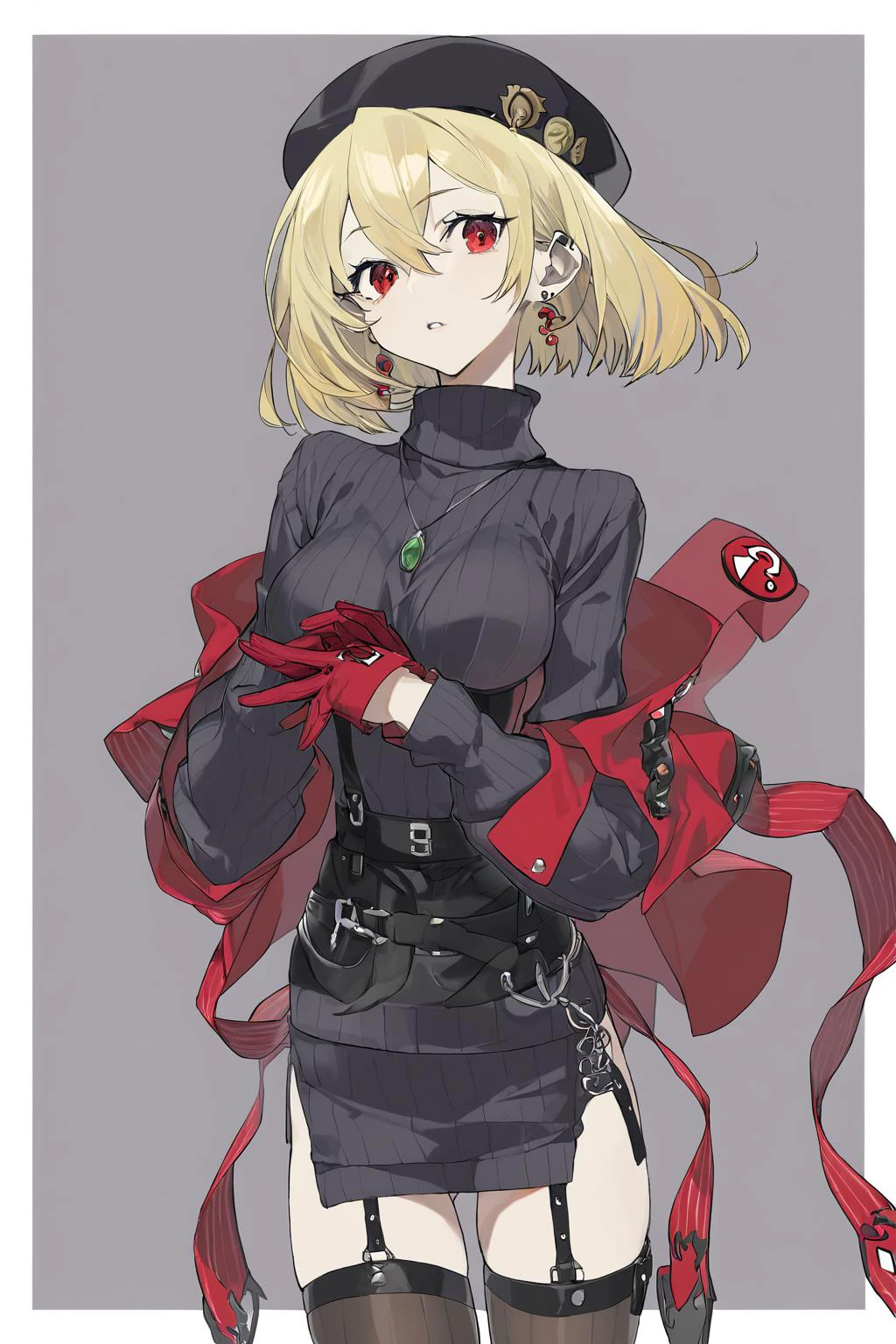 1girl,black headwear,black thighhighs,blonde hair,border,casual,chromatic aberration,closed mouth,cowboy shot,earrings,eyepatch,gloves,grey background, hair between eyes, hat ,
jewelry,long sleeves,looking at viewer, necklace,outside border,own hands together,parted lips,red eyes, red gloves, ribbed sweater, short hair,sidelocks,simple background,sleeves past wrists,solo,standing ,sweater,thighhighs,turtleneck,turtleneck sweater,white border,zettai ryouiki,beautiful color amazing quality,best quality, masterpiece <lora:lora:1>