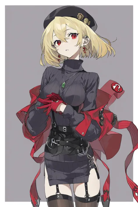 1girl，black headwear，black thighhighs，blonde hair，border，casual，chromatic aberration，closed mouth，cowboy shot，earrings,eyepatch,gloves,grey background, hair between eyes, hat ,
jewelry,long sleeves,looking at viewer, necklace,outside border,own hands together,parted lips,red eyes, red gloves, ribbed sweater, short hair,sidelocks,simple background,sleeves past wrists,solo,standing ,sweater,thighhighs,turtleneck,turtleneck sweater,white border,zettai ryouiki,beautiful color amazing quality,best quality, masterpiece <lora:lora:1>