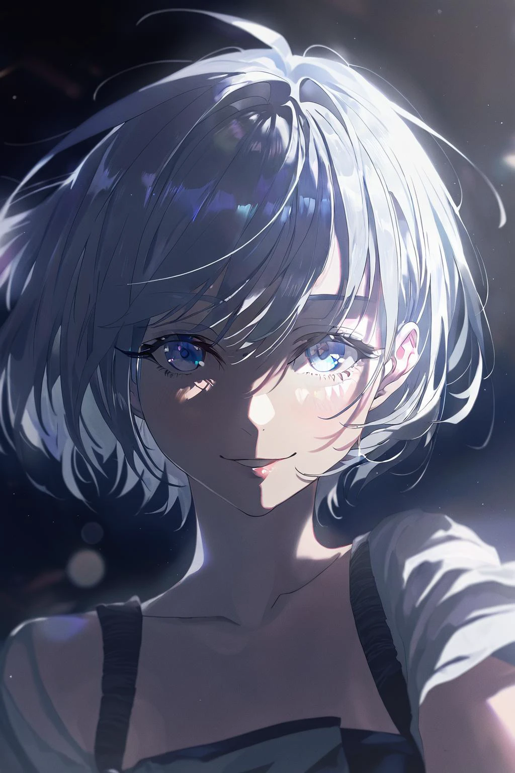 1girl,solo,looking at viewer,smile,short hair,blue eyes, cinematic lighting and shadow,<lora:lora:1>
