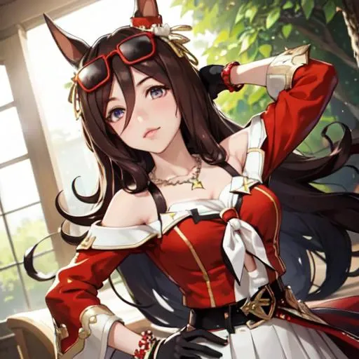 masterpiece, best quality, close up, upper body,
seeking the pearl \(umamusume\),
arm behind head, hand on hip,
flower garden, 
ear ornament, eyewear on head, sunglasses, red-framed eyewear, bracelet, jewelry, necklace, black gloves, off shoulder, bare shoulders, detached sleeves, long sleeves, red jacket, star \(symbol\), belt, pleated skirt, white skirt, sandals, high heels,
<lora:seeking_the_pearl_loha:0.7>