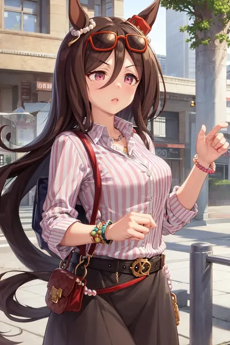 masterpiece, best quality,
seeking the pearl \(umamusume\),
buildings, shoulder bag, looking away, 
casual, ear ornament, red-framed eyewear, jewelry, long sleeves, vertical stripes, striped shirt, bracelet, belt, black skirt, pencil skirt, 
<lyco:seeking_the_pearl_loha:0.7>