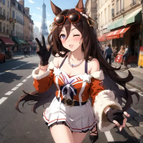 masterpiece, best quality, highres, volumetic lighting, cinematic lighting, extremely detailed, 1girl, mature female, glossy lips, blush, (sweat, breath steam:0.1), looking at viewer <lora:seeking_the_pearl_loha:0.7> seeking the pearl \(umamusume\), ear ornament, eyewear on head, sunglasses, red-framed eyewear, bracelet, jewelry, necklace, black gloves, off shoulder, bare shoulders, detached sleeves, long sleeves, red jacket, star \(symbol\), belt, pleated skirt, white skirt, sandals, high heels, wink, one eye closed, rule of thirds, croissant, coffee, france, eiffel tower background, outdoor