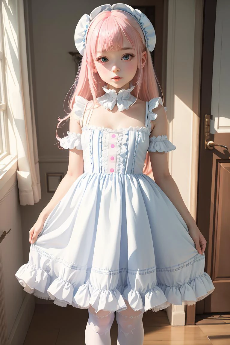 (masterpiece, best quality), 1girl, blue and white frill dress, (white stockings), pink hair, cute face, standing, indoor, intricate detail, sunlight,