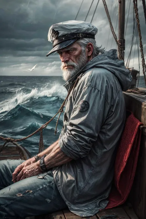 (RAW photo, 8k uhd, Analog style, Masterpiece, Best Quality, Highres:1.4), (dramatic, cinematic:1.2), BREAK,
movie shot of (80 yo:1.2) (old male:1.3) (fisherman:1.25) (sailor man:1.25) (sitting:1.1) (on deck:1.35) of (old dilapidated:1.2) (wooden sailboat:1.3), against railing, (from side:1.2), (stern face:1.2), (deep wrinkles:1.2), (gray long beard:1.3), (grey eyes:1.2), ((shabby:1.2) old (torn:1.15) (raincoat:1.1), brown (pants:1.1), (sailor hat:1.1) (sou'wester:1.2), jackboots:1.1), (lowered head:1.2), (tired sad expression:1.15), BREAK,
(stormy sea, gloomy dark clouds:1.2) on background, (splashes, water drops, rain:1.25), (seafoam:1.1), (flying white seagulls:1.25), (rocks, cliffs:1.3), (dark haze:1.2), (wet clothes:1.1), fishing (nets with fish:1.3) on deck, (ropes:1.1), (tense hopeless eerie atmosphere, cold, floes:1.2), BREAK,
(photorealistic:1.3), (rough details, (male focus:1.1):1.2), (desaturated, cold lighting:1.3), (hyperdetailed, absurdres:1.2), BREAK,
<lora:more_details:0.9>,
<lora:zoom_slider_v1:4.66>,