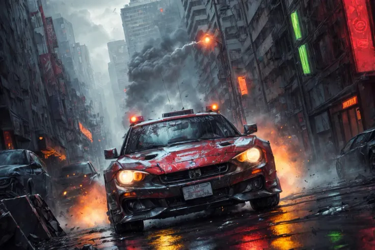 (RAW photo, 8k uhd, Analog style, Masterpiece, Best Quality, Highres:1.3), (dramatic, cinematic:1.2), BREAK,
shot of (ultra-detailed:1.1) (military:1.4) (cyberpunk:1.3) (battlecar:1.35) (armed with turret machine gun and grenade launchers:1.33) (rushing:1.3) through (cyberpunk city street:1.35), ((glossy:1.1) technological futuristic design:1.2), (drifting:1.3) (sportcar:0.3), (neon lights:1.1), (wet asphalt, reflections:1.2), (firing tires:1.35), (water splash, puddles:1.32), (debris:1.32), (steam:1.3), (frightened:1.1) (pedestrians:1.4), (bright day:1.15), (daytime:1.15) (cloudy sky, (rain:1.1):1.2), (skyscrapers:1.15), BREAK,
(photorealistic:1.2), (dutch angle:1.4), (light particles, colorful:1.2), (action moviee, dynamic composition, fast, chasing:1.3), (motion blur, motion lines:1.3), (cyberpunk, science fiction, blockbuster, military vehicle, volumetric light:1.3), (daylight:1.2) (noir:0.5) (urban atmosphere, vehicle focus, cinematic tone, shiny, glowing, intricate, electricity, red purple aqua color scheme, graffiti, (dust:1.1), no humans:1.2), BREAK,
<lora:more_details:1.0>,
<lora:zoom_slider_v1:2.0>