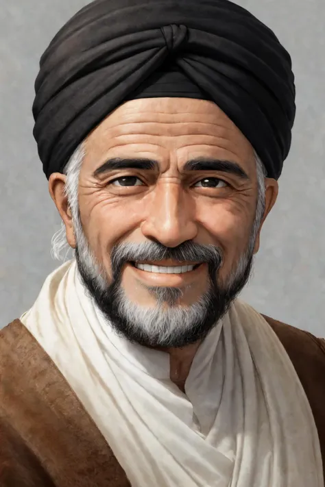 close-up photo portrait of a 60 yo aged Arab man, short grey hair, beard, black eyes, joyful face expression, turban, simple background