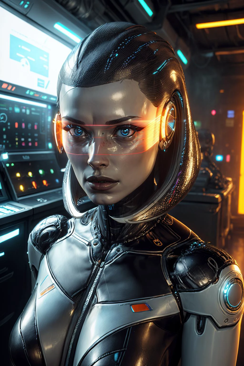 (best quality, masterpiece, perfect face) <lora:Edi-10:0.7> Edi, female, woman, holographic orange glasses, cyberpunk glass wall, cyborg shop, neon lights, <lyco:EnvyBeautyMix29:0.3> Unveil the extraordinary with our cyberpunk fembot, a harmonious blend of artificial grace and cutting-edge engineering. Her biomechanical limbs move with fluid precision, and her holographic hair shifts colors with your mood. Immerse yourself in the interactive display, where she demonstrates her versatility and adaptability. Elevate your existence with the pinnacle of cybernetic innovation. <lora:zyd232_StasisPod_v1_0:0.3> stasis pod, in container <lora:add_detail:0.7> (hyper realism, soft light, dramatic light, sharp, HDR)