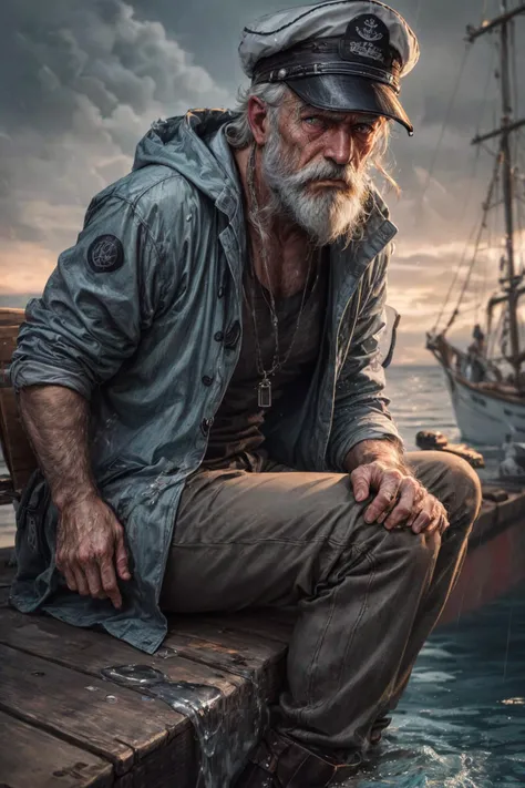 (RAW photo, 8k uhd, Analog style, Masterpiece, Best Quality, Highres:1.4), (dramatic, cinematic:1.2), BREAK,
shot of (80 yo:1.2) (old male:1.3) (fisherman:1.25) (sailor man:1.25) (sitting:1.1) (on deck:1.35) of (old dilapidated:1.2) (wooden sailboat:1.3), against railing, (from side:1.2), (stern face:1.2), (deep wrinkles:1.2), (gray long beard:1.3), (grey eyes:1.2), ((shabby:1.2) old (torn:1.15) (raincoat:1.1), brown (pants:1.1), (sailor hat:1.1) (sou'wester:1.2), jackboots:1.1), (lowered head:1.2), (tired sad expression:1.15), BREAK,
(stormy sea, gloomy dark clouds:1.2) on background, (splashes, water drops, rain:1.25), (seafoam:1.1), (flying white seagulls:1.25), (rocks, cliffs:1.3), (dark haze:1.2), (wet clothes:1.1), fishing (nets with fish:1.3) on deck, (ropes:1.1), (tense hopeless eerie atmosphere, cold, floes:1.2), BREAK,
(photorealistic:1.3), (rough details, (male focus:1.1):1.2), (desaturated, cold lighting:1.3), (hyperdetailed, absurdres:1.2), BREAK,
<lora:more_details:0.9>,
<lora:zoom_slider_v1:4.66>,