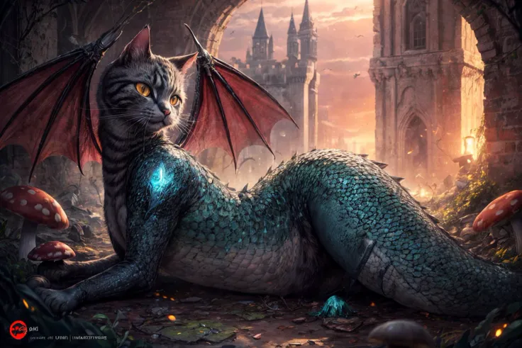 (RAW photo, 8k uhd, Analog style, Masterpiece, Best Quality, Highres:1.4), (dramatic, cinematic:1.2), BREAK,
shot of hyperdetailed (cat headed:1.35) (dragon:1.3), ((dragon:cat:0.77):1.15), (glowing:1.2) (scales:1.1), (tail:1.0), golden eyes, green (armor:1.25), lying in the detailed ((magic:1.1) forest:1.1), (castle ruins:1.32), (overgrown:1.2), (hill:1.2), (roots:1.05), (mushrooms:1.27), (light particles:1.2), (glowing sparks:1.07), (green magic:1.1), (sunset:1.22), soft lighting, (campfire:1.03), (treasures:1.3), (from side:1.1), BREAK,
(photorealistic:1.2), (intricate:1.4), (light theme:1.4), (mysterious, fabulous, fantasy, mystical:1.3), (hyperdetailed, absurdres:1.2), (colorful:1.3), (no humans:1.4), (elegant:1.1), vertical pupils, (bat wings:1.2), (dragon wings, claws, spikes:1.15), (glowing ornament:1.2), (incredible, amazing:1.2), BREAK,
<lora:more_details:1>,
<lora:zoom_slider_v1:2.38>