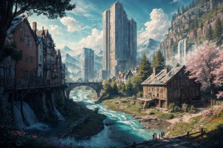 (RAW photo, 8k uhd, Analog style, Masterpiece, Best Quality, Highres:1.4), (dramatic, cinematic:1.2), BREAK,
movie shot of colorful hyperdetailed fantastic fantasy mysterious magic landscape, above clouds, (medieval elven fantasy (village:1.35), (steampunk:1.05) (peasant:1.15) (robots:1.1) (crowd:1.35), playing (little steampunk (girl:1.25):1.1), (farm:1.31), (lake, (river:1.14):1.15), (bridges:1.4), (waterfalls:1.35), (boat:1.4), (dock:1.1), (cliff:1.35), road, (green:1.05) valley, (flowers:1.2), (maple trees:0.65), (green:1.05) (fields:1.3), (fences:1.3), (snowy:1.17) (pines:1.1), (pink:1.0) (flowering tree:1.12):1.22), BREAK,
((mountains:1.22), (futuristic:1.15) (overgrown:1.27) (skyscrapers:1.53) (ruins:1.35), (market, water wheel, castle:1.14), (colorful houses:1.2), birds, stairs, spaceport, ((bright morning sun daylight:1.05) rainbow pure (blue:1.05) sky, glowing:1.05), starry, crescent, meteor, ((fluffy cloud:1.2), godrays, light particles:1.05), various seasons, steam, smokes:1.2), BREAK,
(photorealistic:1.2), (intricate:1.3), (light theme:1.3), (inspiring joyful atmosphere:1.2), (fabulous, fantasy, mysterious, science fiction, post-apocalypse, incredible, amazing, happy, sunny, pastoral:1.2), (hyperdetailed, absurdres:1.2), (colorful, saturated:1.4), colorful lighting, BREAK,
<lora:more_details:1>,