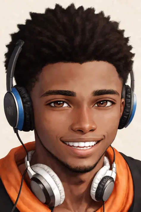 close-up photo portrait of a 25 yo young african man, black short african hair, stubble, brown eyes, excited face expression, headphones, simple background