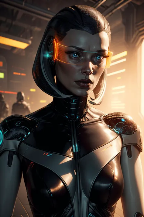 (best quality, masterpiece, perfect face) <lora:Edi-10:0.7> Edi, female, woman, holographic orange glasses, cyberpunk glass wall, cyborg shop, neon lights, <lyco:EnvyBeautyMix29:0.3> Unveil the extraordinary with our cyberpunk fembot, a harmonious blend of artificial grace and cutting-edge engineering. Her biomechanical limbs move with fluid precision, and her holographic hair shifts colors with your mood. Immerse yourself in the interactive display, where she demonstrates her versatility and adaptability. Elevate your existence with the pinnacle of cybernetic innovation.  <lora:add_detail:0.7> (hyper realism, soft light, dramatic light, sharp, HDR)