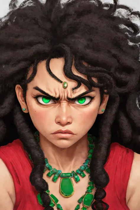close-up photo portrait of a 40 yo samoan woman, black long curly hair, green eyes, angry face expression, necklace, simple background