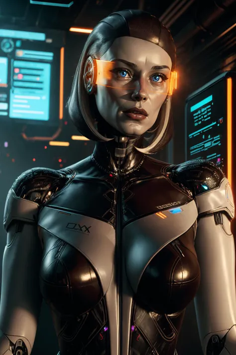 (best quality, masterpiece, perfect face) <lora:Edi-10:0.7> Edi, female, woman, holographic orange glasses, cyberpunk glass wall, cyborg shop, neon lights, <lyco:EnvyBeautyMix29:0.3> Unveil the extraordinary with our cyberpunk fembot, a harmonious blend of artificial grace and cutting-edge engineering. Her biomechanical limbs move with fluid precision, and her holographic hair shifts colors with your mood. Immerse yourself in the interactive display, where she demonstrates her versatility and adaptability. Elevate your existence with the pinnacle of cybernetic innovation. <lora:add_detail:0.7> (hyper realism, soft light, dramatic light, sharp, HDR)