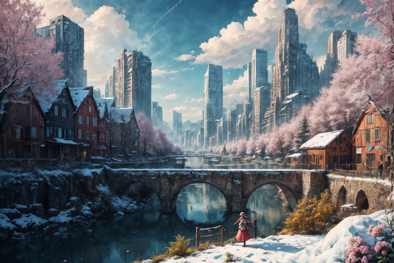 (RAW photo, 8k uhd, Analog style, Masterpiece, Best Quality, Highres:1.4), (dramatic, cinematic:1.2), BREAK,
movie shot of colorful hyperdetailed fantastic fantasy mysterious magic landscape, above clouds, (medieval elven fantasy (village:1.35), (steampunk:1.05) (peasant:1.15) (robots:1.1) (crowd:1.35), playing (little steampunk (girl:1.25):1.1), (farm:1.31), (lake, (river:1.14):1.15), (bridges:1.4), (waterfalls:1.35), (boat:1.4), (dock:1.1), (cliff:1.35), road, (green:1.05) valley, (flowers:1.2), (maple trees:0.65), (green:1.05) (fields:1.3), (fences:1.3), (snowy:1.17) (pines:1.1), (pink:1.0) (flowering tree:1.12):1.22), BREAK,
((mountains:1.22), (futuristic:1.15) (overgrown:1.27) (skyscrapers:1.53) (ruins:1.35), (market, water wheel, castle:1.14), (colorful houses:1.2), birds, stairs, spaceport, ((bright morning sun daylight:1.05) rainbow pure (blue:1.05) sky, glowing:1.05), starry, crescent, meteor, ((fluffy cloud:1.2), godrays, light particles:1.05), various seasons, steam, smokes:1.2), BREAK,
(photorealistic:1.2), (intricate:1.3), (light theme:1.3), (inspiring joyful atmosphere:1.2), (fabulous, fantasy, mysterious, science fiction, post-apocalypse, incredible, amazing, happy, sunny, pastoral:1.2), (hyperdetailed, absurdres:1.2), (colorful, saturated:1.4), colorful lighting, BREAK,
<lora:more_details:1>,