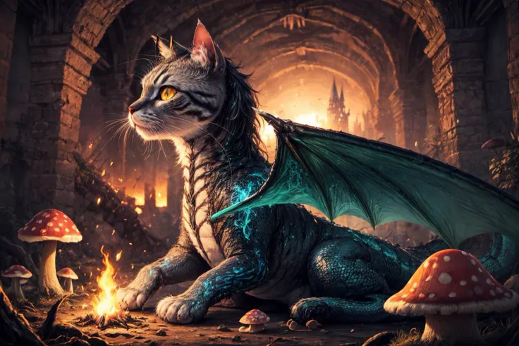 (RAW photo, 8k uhd, Analog style, Masterpiece, Best Quality, Highres:1.4), (dramatic, cinematic:1.2), BREAK,
shot of hyperdetailed (cat headed:1.35) (dragon:1.3), ((dragon:cat:0.77):1.15), (glowing:1.2) (scales:1.1), (tail:1.0), golden eyes, green (armor:1.25), lying in the detailed ((magic:1.1) forest:1.1), (castle ruins:1.32), (overgrown:1.2), (hill:1.2), (roots:1.05), (mushrooms:1.27), (light particles:1.2), (glowing sparks:1.07), (green magic:1.1), (sunset:1.22), soft lighting, (campfire:1.03), (treasures:1.3), (from side:1.1), BREAK,
(photorealistic:1.2), (intricate:1.4), (light theme:1.4), (mysterious, fabulous, fantasy, mystical:1.3), (hyperdetailed, absurdres:1.2), (colorful:1.3), (no humans:1.4), (elegant:1.1), vertical pupils, (bat wings:1.2), (dragon wings, claws, spikes:1.15), (glowing ornament:1.2), (incredible, amazing:1.2), BREAK,
<lora:more_details:1>,
<lora:zoom_slider_v1:2.38>