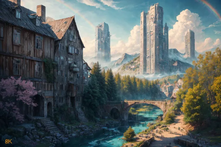 (RAW photo, 8k uhd, Analog style, Masterpiece, Best Quality, Highres:1.4), (dramatic, cinematic:1.2), BREAK,
movie shot of colorful hyperdetailed fantastic fantasy mysterious magic landscape, above clouds, (medieval elven fantasy (village:1.35), (steampunk:1.05) (peasant:1.15) (robots:1.1) (crowd:1.35), playing (little steampunk (girl:1.25):1.1), (farm:1.31), (lake, (river:1.14):1.15), (bridges:1.4), (waterfalls:1.35), (boat:1.4), (dock:1.1), (cliff:1.35), road, (green:1.05) valley, (flowers:1.2), (maple trees:0.65), (green:1.05) (fields:1.3), (fences:1.3), (snowy:1.17) (pines:1.1), (pink:1.0) (flowering tree:1.12):1.22), BREAK,
((mountains:1.22), (futuristic:1.15) (overgrown:1.27) (skyscrapers:1.53) (ruins:1.35), (market, water wheel, castle:1.14), (colorful houses:1.2), birds, stairs, spaceport, ((bright morning sun daylight:1.05) rainbow pure (blue:1.05) sky, glowing:1.05), starry, crescent, meteor, ((fluffy cloud:1.2), godrays, light particles:1.05), various seasons, steam, smokes:1.2), BREAK,
(photorealistic:1.2), (intricate:1.3), (light theme:1.3), (inspiring joyful atmosphere:1.2), (fabulous, fantasy, mysterious, science fiction, post-apocalypse, incredible, amazing, happy, sunny, pastoral:1.2), (hyperdetailed, absurdres:1.2), (colorful, saturated:1.4), colorful lighting, BREAK,
<lora:more_details:1>,