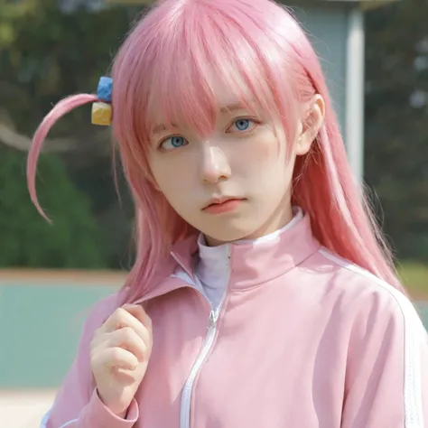 Holding a guitar、A MILF、30-years old、Lateral face,1girl in,gotou hitori,((cube hair ornament)),Solo,Pink hair,Blue eyes,plein air,On the stairs,Guitar,masutepiece, medium breasts,(pink track jacket:1.1025), Black pleated skirt,Photorealsitic, hight resolution, 1 rapariga, Korea person, Heterochromia eyes, small moles under eyes,