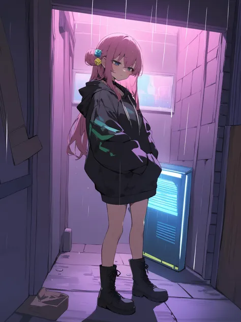 masterpiece, best quality, 1girl, hair_ornament, cube_hair_ornament, BREAK
(Run-down neon alleyway, flickering holographic advertisements, rainy night), abandoned robot dog curled up next to trash can, (Slumped against brick wall, head in hands), (Ripped fishnet top, oversized black hoodie, combat boots), vacant expression, long pink hair matted and greasy, low-angle shot, cool neon tones with rain reflections, <lora:gotoh_hitori:1>