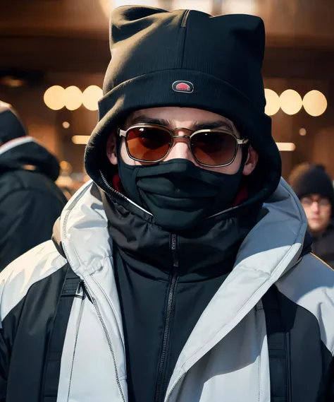 guy wearing thick winter coat, wearing ski mask, wearing shades, wearing multiple layers of clothing, wearing many stacked hats,  <lora:sam_mikulak-v1:1>