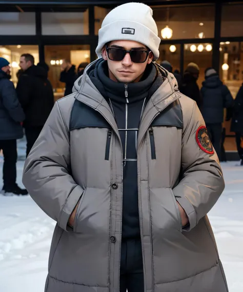 guy wearing thick winter coat, wearing ski mask, wearing shades, wearing multiple layers of clothing, wearing many stacked hats,  <lora:sam_mikulak-v1:1>