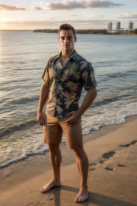 a young white male, caucasian, wearing a classic tribal hula outfit including a loin cloth (malo) and Ahu mai'a (a cape made of netting and banana leaves), standing on a cabin porch in front of a cushioned porch swing, detailed facial features, detailed clothing, intricate tribal patterns, natural lighting, vivid colors, photorealistic, 8k, masterpiece, pacific northwest forest in background