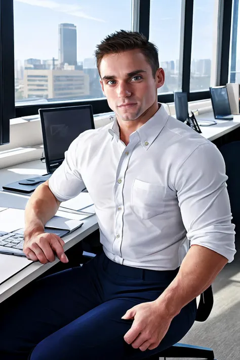 photo of sam_mikulak <lora:sam_mikulak-05:0.75> wearing a button-down shirt and slacks and sleek shoes, (busy office background), sitting at a desk, light streaming in from windows, bright light