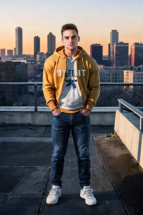 full body, photo of sam_mikulak <lora:sam_mikulak-05:0.75> wearing hoodie and jeans and fashionable sneakers, dynamic pose, hypebeast, Detroit Michigan background, urban landscape, vibrant urban backdrop, golden hour, natural light, posing on edge of rooftop, from above