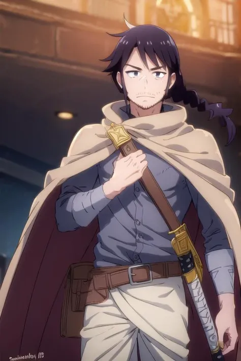 reviewerstunk, <lora:reviewer stunk male s1-lora-nochekaiser:1>,
stunk, black hair, male focus, facial hair, beard, stubble, (black eyes:1.5), smile,
BREAK belt, pants, sword, cape, cloak, white pants,
BREAK outdoors,
BREAK looking at viewer, (cowboy shot:1.5),
BREAK <lyco:GoodHands-beta2:1>, (masterpiece:1.2), best quality, high resolution, unity 8k wallpaper, (illustration:0.8), (beautiful detailed eyes:1.6), extremely detailed face, perfect lighting, extremely detailed CG, (perfect hands, perfect anatomy),