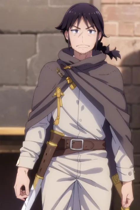 reviewerstunk, <lora:reviewer stunk male s1-lora-nochekaiser:1>,
stunk, black hair, male focus, facial hair, beard, stubble, (black eyes:1.5), smile,
BREAK belt, pants, sword, cape, cloak, white pants,
BREAK outdoors,
BREAK looking at viewer, (cowboy shot:1.5),
BREAK <lyco:GoodHands-beta2:1>, (masterpiece:1.2), best quality, high resolution, unity 8k wallpaper, (illustration:0.8), (beautiful detailed eyes:1.6), extremely detailed face, perfect lighting, extremely detailed CG, (perfect hands, perfect anatomy),