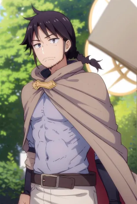 reviewerstunk, <lora:reviewer stunk male s1-lora-nochekaiser:1>,
stunk, black hair, male focus, facial hair, beard, stubble, (black eyes:1.5), smile,
BREAK belt, pants, sword, cape, cloak, white pants,
BREAK outdoors,
BREAK looking at viewer, (cowboy shot:1.5),
BREAK <lyco:GoodHands-beta2:1>, (masterpiece:1.2), best quality, high resolution, unity 8k wallpaper, (illustration:0.8), (beautiful detailed eyes:1.6), extremely detailed face, perfect lighting, extremely detailed CG, (perfect hands, perfect anatomy),