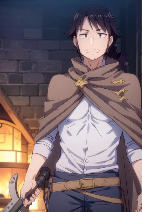 reviewerstunk, <lora:reviewer stunk male s1-lora-nochekaiser:1>,
stunk, black hair, male focus, facial hair, beard, stubble, (black eyes:1.5), smile,
BREAK belt, pants, sword, cape, cloak, white pants,
BREAK outdoors,
BREAK looking at viewer, (cowboy shot:1.5),
BREAK <lyco:GoodHands-beta2:1>, (masterpiece:1.2), best quality, high resolution, unity 8k wallpaper, (illustration:0.8), (beautiful detailed eyes:1.6), extremely detailed face, perfect lighting, extremely detailed CG, (perfect hands, perfect anatomy),