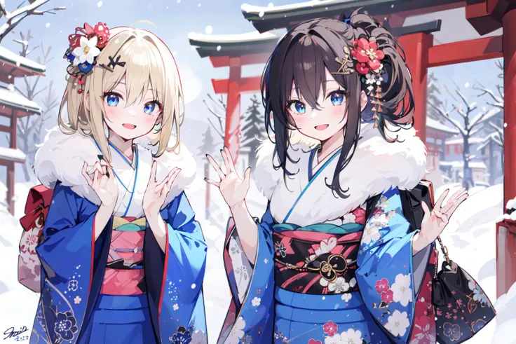 -multiple girls, japanese clothes, 2girls, hair ornament, kimono, blue eyes, blonde hair, sash, brown hair, obi, smile, arrow (projectile), open mouth, outdoors, :d, holding, hair flower, floral print, looking at viewer, flower, hair between eyes, bangs, print kimono, hamaya, fur collar, wide sleeves, blue kimono, long sleeves, long hair, waving, blush, x hair ornament, new year, bag, holding arrow, ema, snowing, snow, blurry, red flower, kinchaku, holding bag, sidelocks, hand up, signature, fur trim, furisode, standing, day, handbag, depth of field, torii, pouch<lora:happy new year_20240102112354-000018:0.8>,