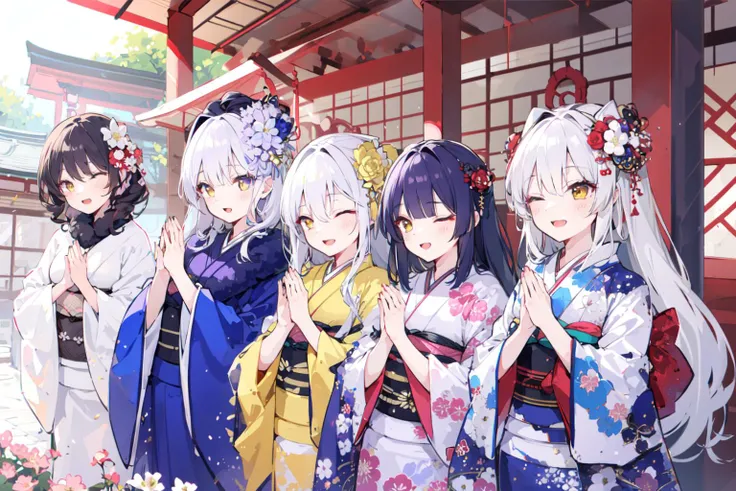 -multiple girls, japanese clothes, kimono, shrine, praying, hair ornament, long hair, purple hair, black hair, donation box, 5girls, white hair, closed eyes, 1boy, hair flower, flower, open mouth, yellow eyes, smile<lora:happy new year_20240102112354-000018:0.8>,