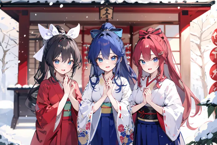 -miko, multiple girls, japanese clothes, long hair, blue eyes, ponytail, black hair, 3girls, open mouth, breath, hakama skirt, hakama, depth of field, skirt, hair ribbon, blurry, donation box, ribbon, own hands together, wide sleeves, board game, ribbon trim, ribbon-trimmed sleeves, snow, box, shrine, red hakama<lora:happy new year_20240102112354-000018:0.8>,